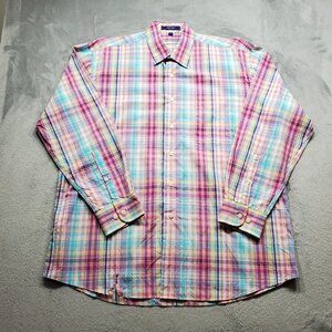 Alan Flusser Button Down Long Sleeve Plaid Shirt Yellow Purple Baby Blue Mn Sz L